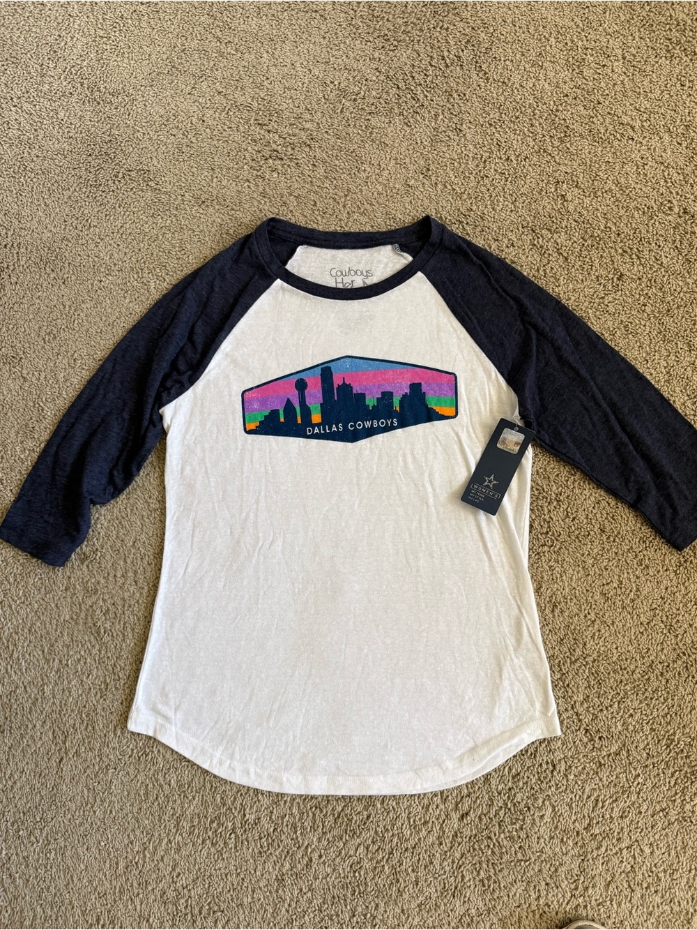 NFL Dallas Cowboys White & Navy Raglan Tee with Colorful Skyline Graphic